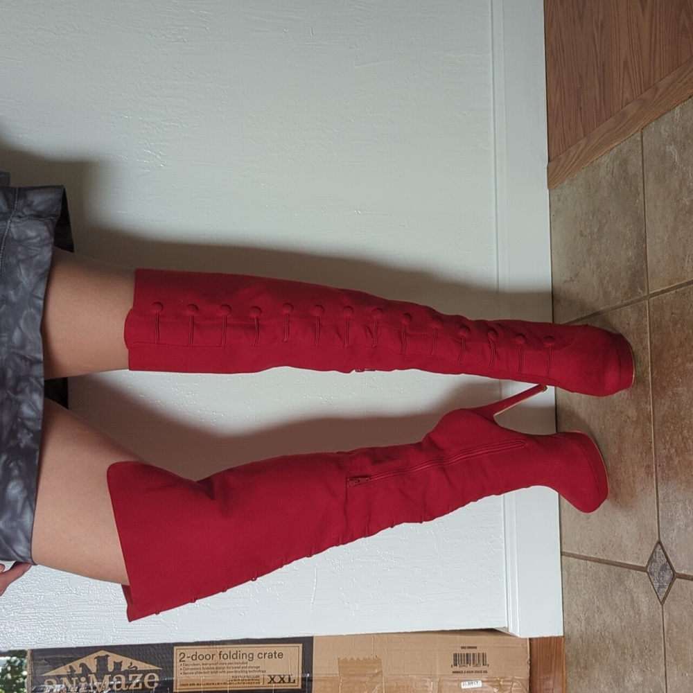 Red Thigh heeled boots